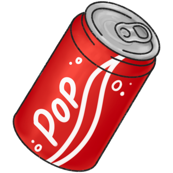 a red pop can with a white wavy design underneath the word pop, which is written up the side. 